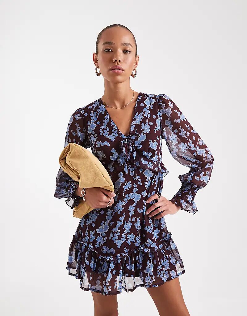 

Платье миди Wednesday's Girl с цветочным принтом, воздушным V-образным вырезом, бордового и синего цветов