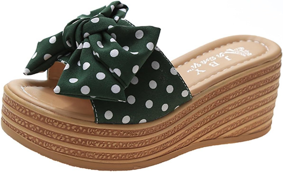 

Женские платформенные сандалии-эспадрильи с высокими каблуками, бантом и гороховым узором, повседневные модные сандалии с открытым носком на платформе, классические пляжные шлепанцы и мюли Generic, зеленый