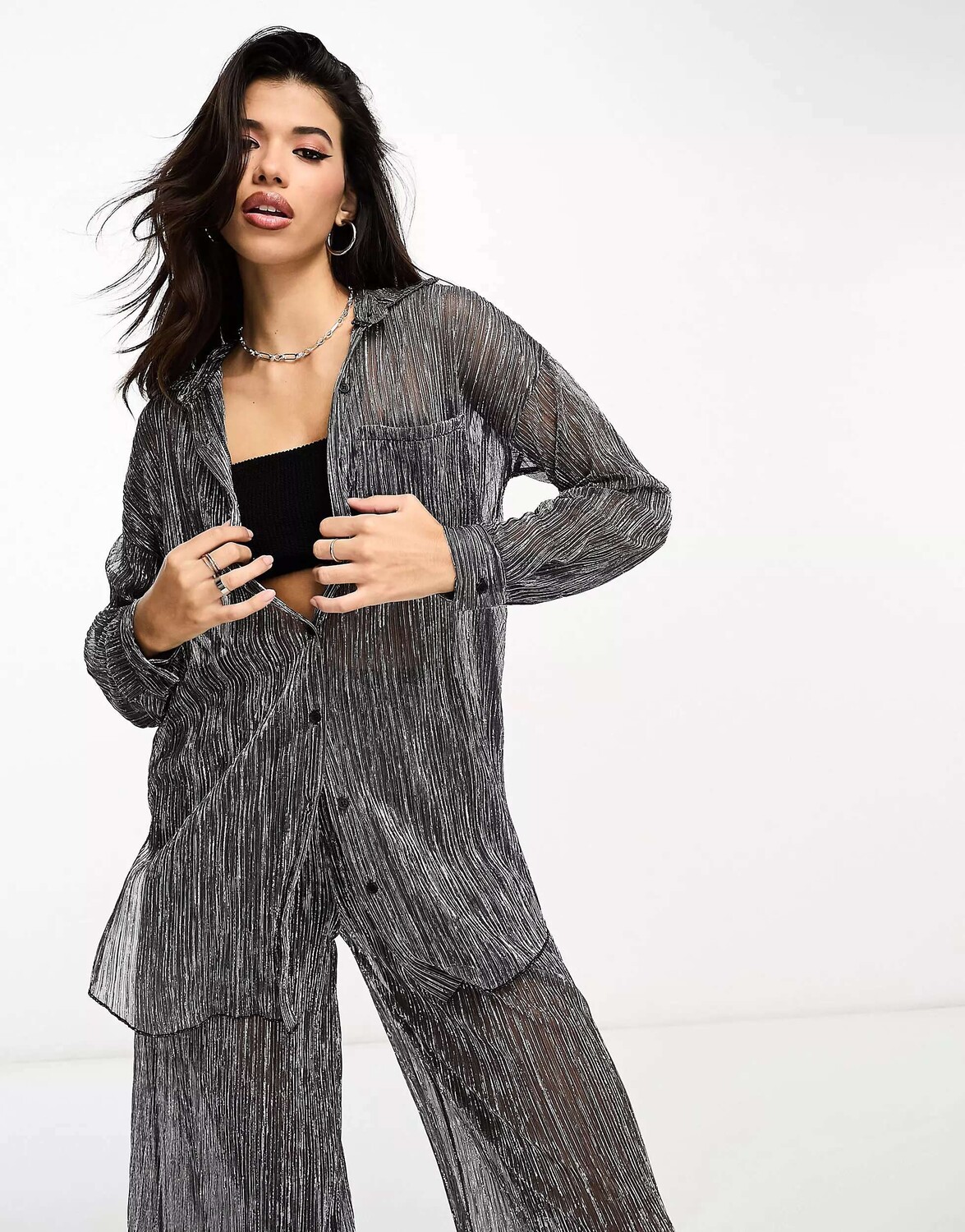 

Черная пляжная рубашка с металлизированным плиссе South Beach