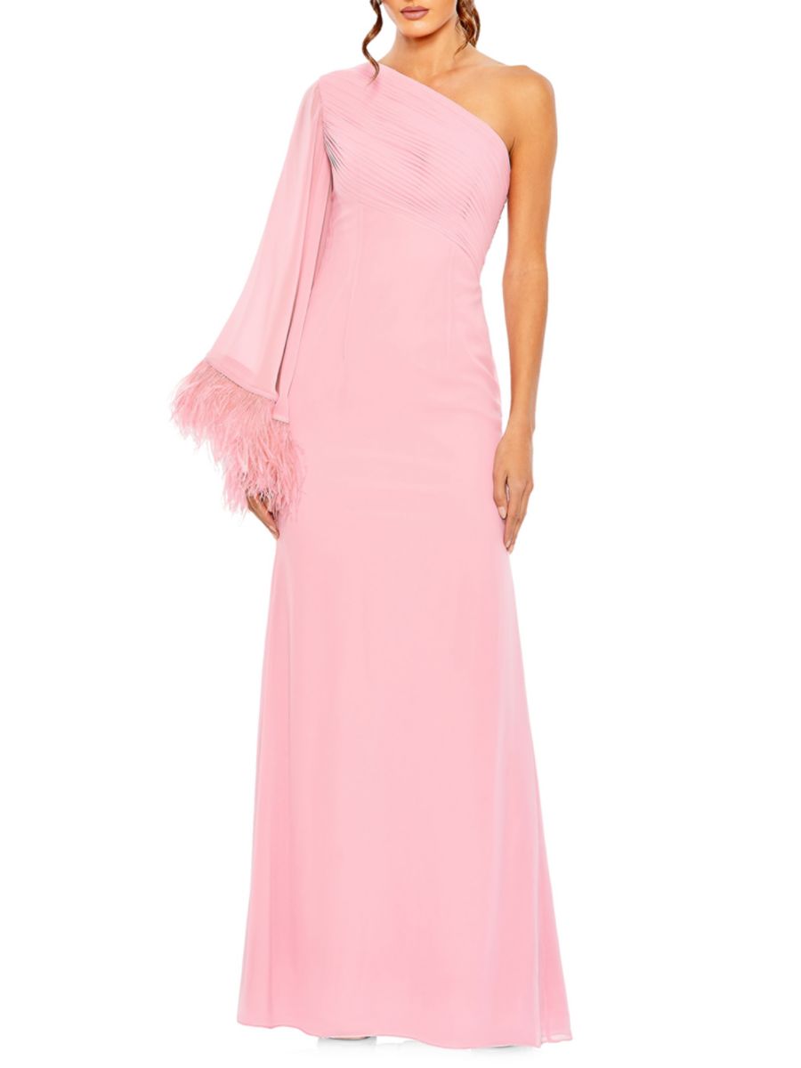 

Платье на одно плечо с перьями и сборками Mac Duggal, цвет Rose