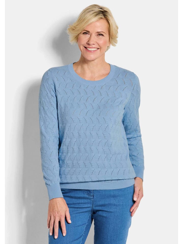 

GOLDNER Укороченный размер: Вязаный свитер, хлопковый свитер с зигзагообразным узором светло-голубого цвета