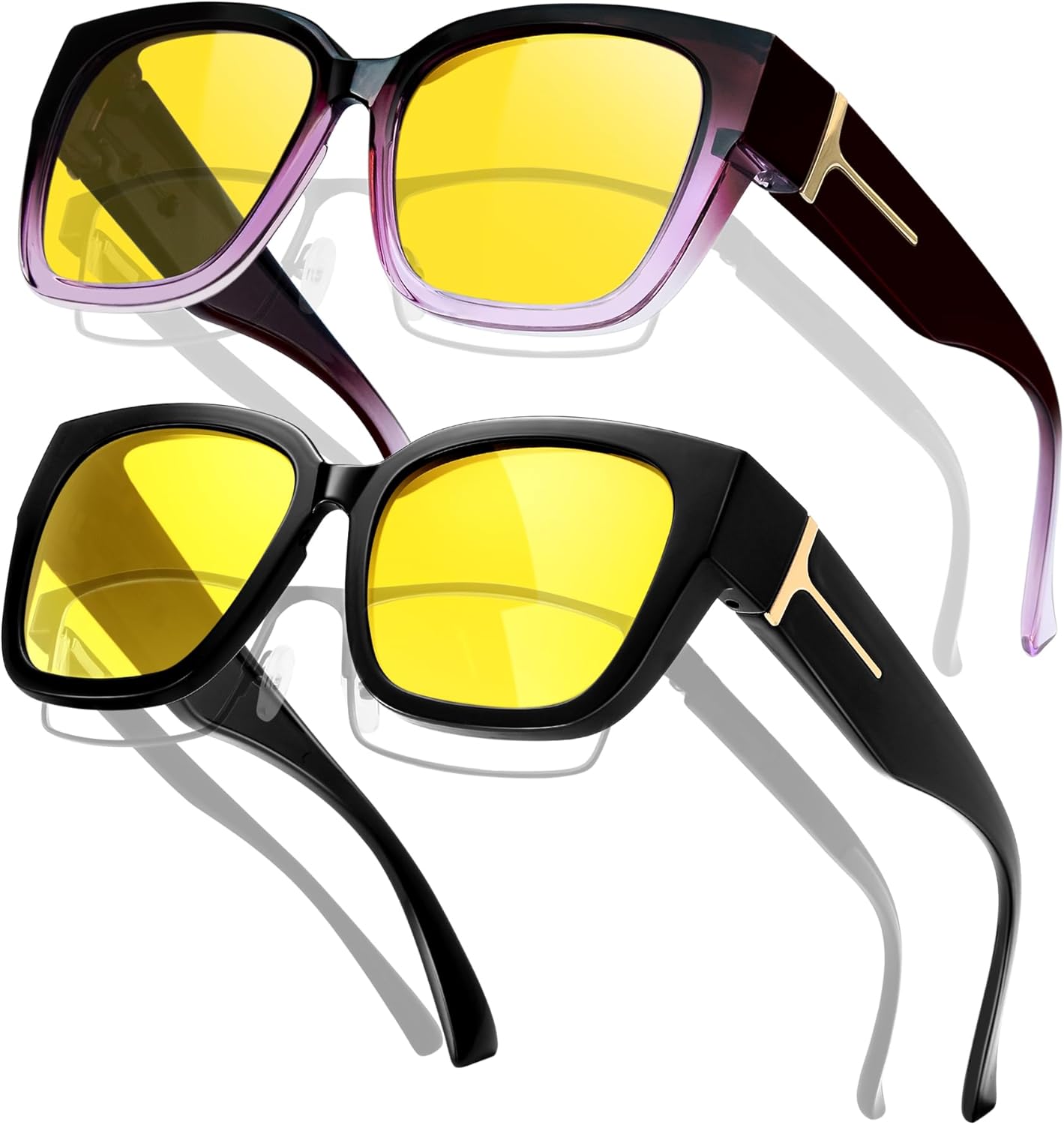 

KANASTAL Солнцезащитные очки поверх очков, поляризованные, увеличенного размера, модные, облегающие, комплект из 2 штук, 【a18】non-polarized Yellow Black+gradient Purple