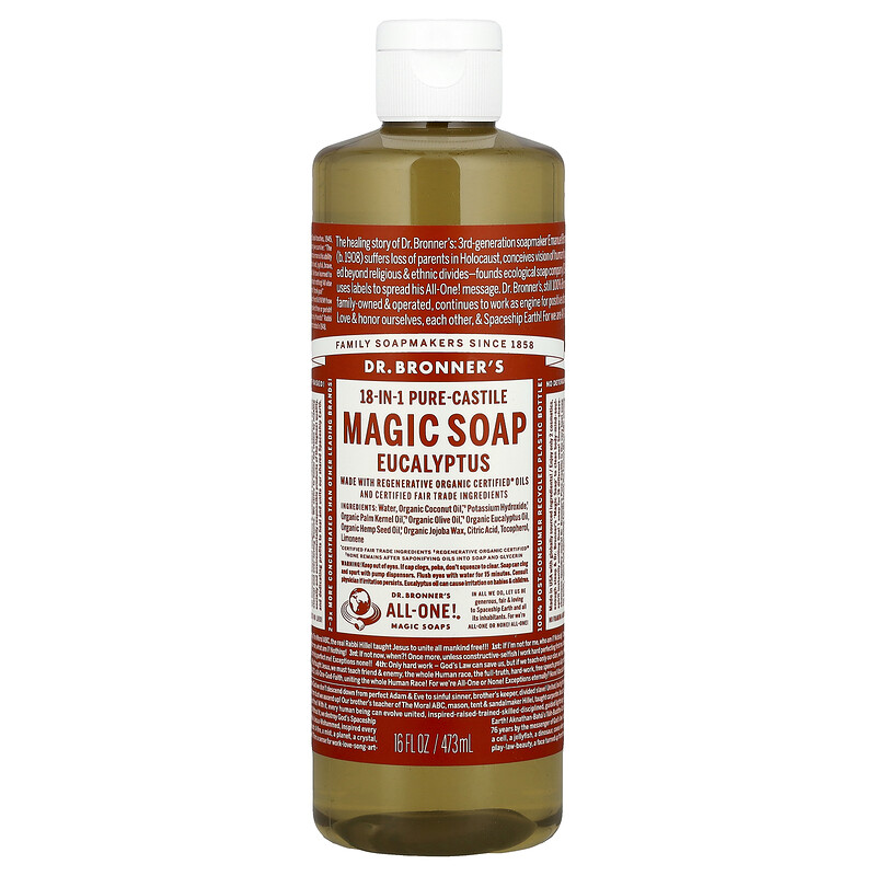 

Dr. Bronner's, Чистое кастильское мыло из конопли 18-в-1, эвкалипт, 16 жидких унций (473 мл)