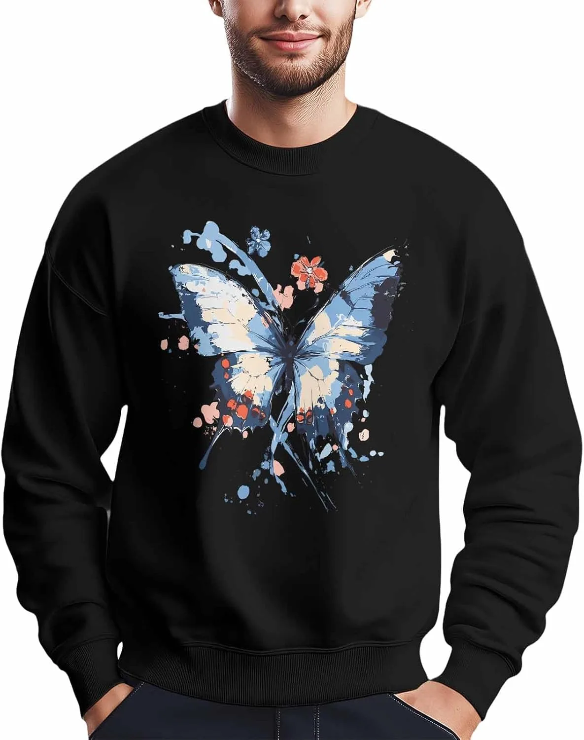 

Мужской свитшот с принтом бабочки и цветов, синий, лонгслив Winvebermior