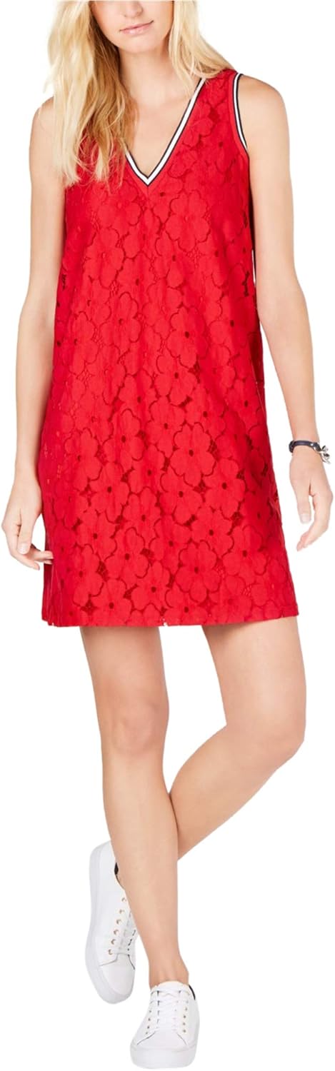 

Женское платье без рукавов с V-образным вырезом и цветочным кружевом от Tommy Hilfiger, Scarlet