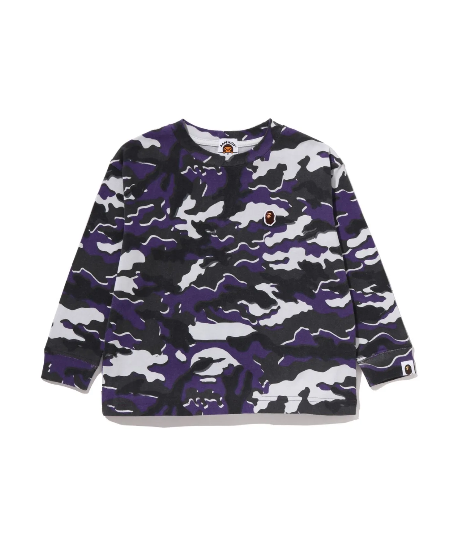 Детская футболка с длинным рукавом A BATHING APE GLITCH WOODLAND CAMO с логотипом фиолетового цвета