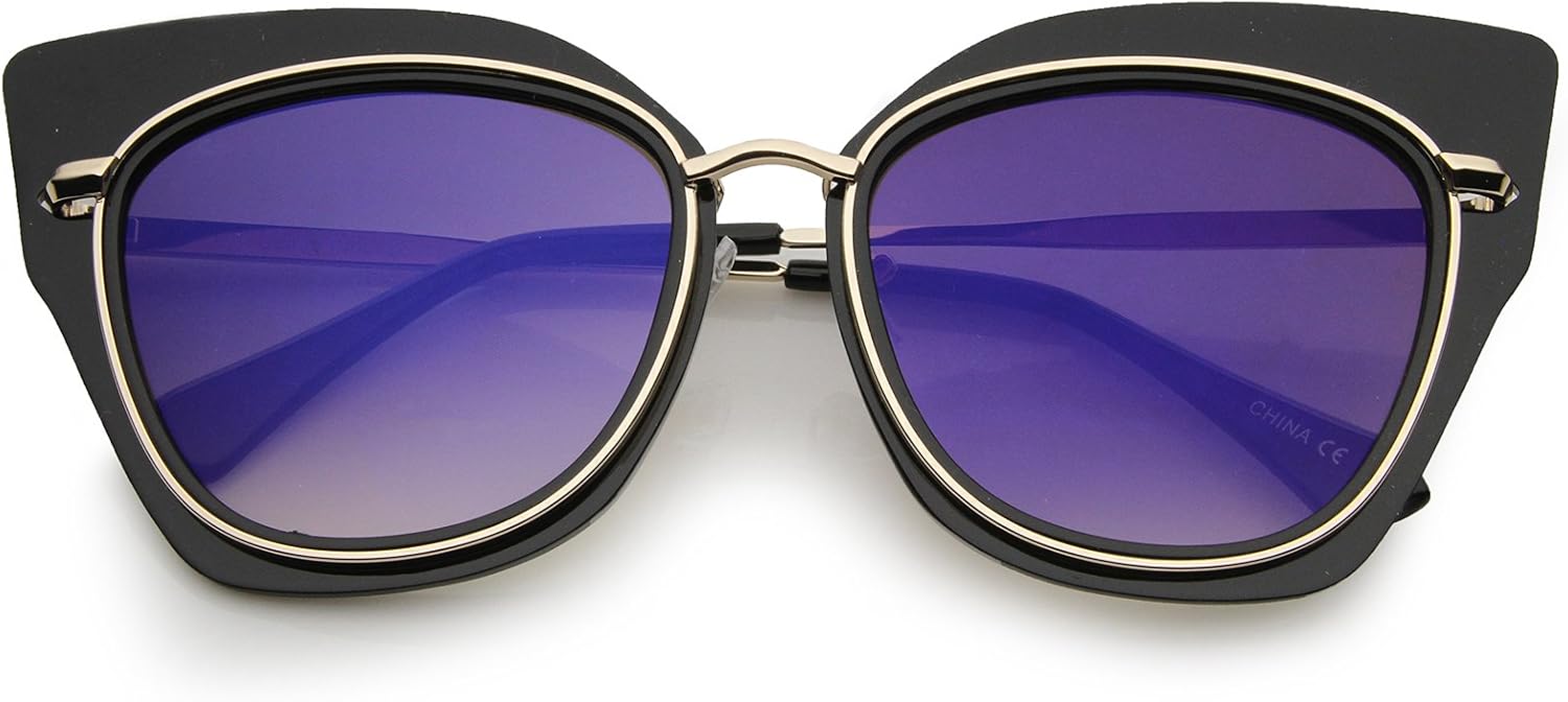 

Женские солнцезащитные очки zeroUV Oversize с открытыми металлическими линзами, цветными зеркальными линзами и плоским дизайном «кошачий глаз», диаметр линз 57 мм, Black-gold / Purple Mirror