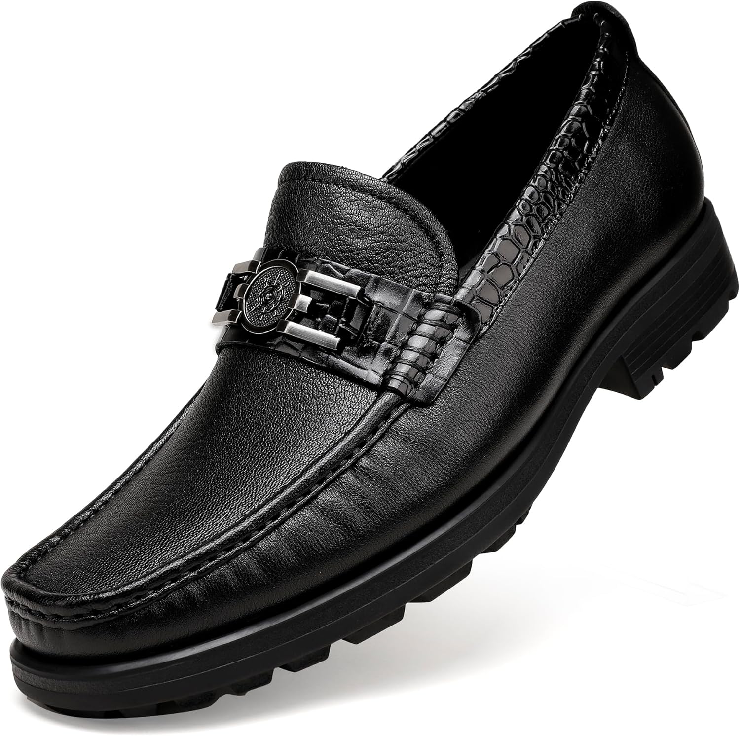 

Мужские кожаные лоферы с монеткой, классические деловые туфли с тиснением под крокодила, с металлической пряжкой, без застежки, с монеткой для мужчин Generic, черный