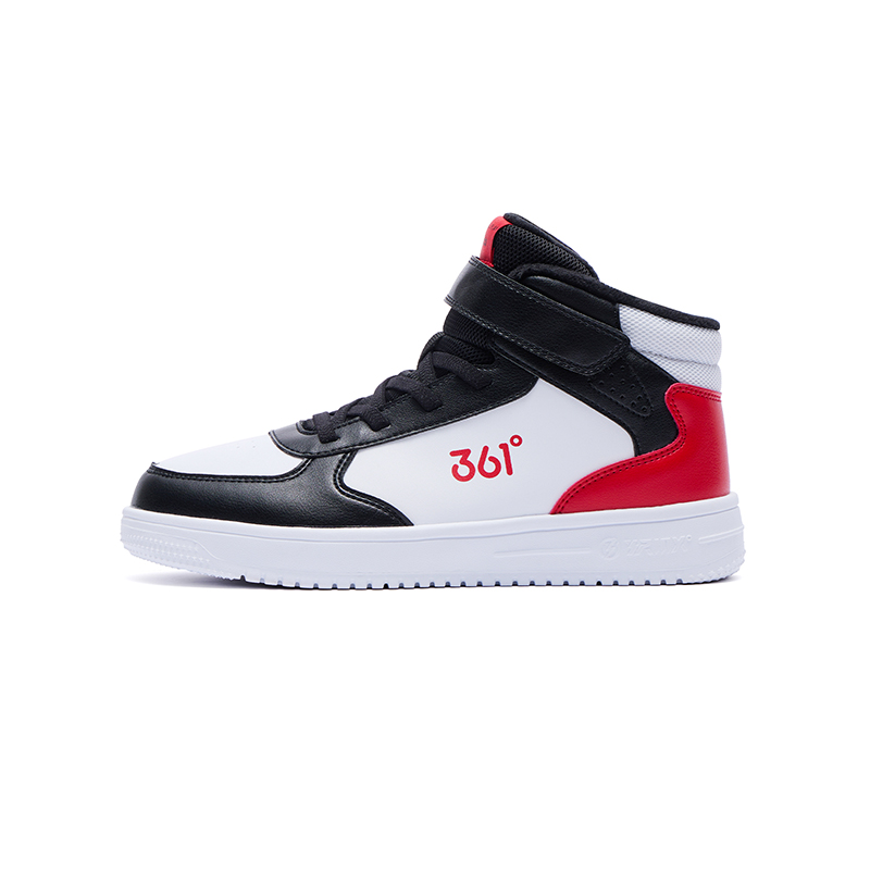 

361°KIDS Антискользящие и износостойкие утепленные высокие детские кроссовки для скейтбординга White Carbon Black Virtual Red для подростков