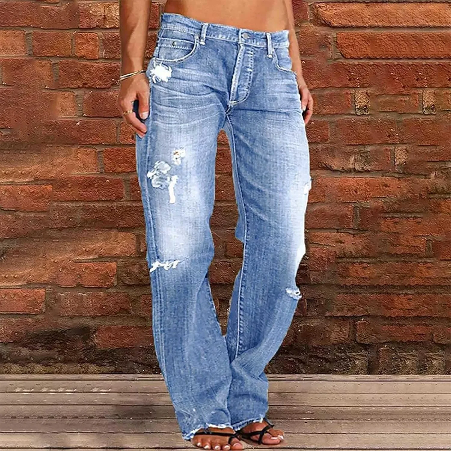 Женские джинсы distressed с высокой талией и прямыми штанинами — фото 3