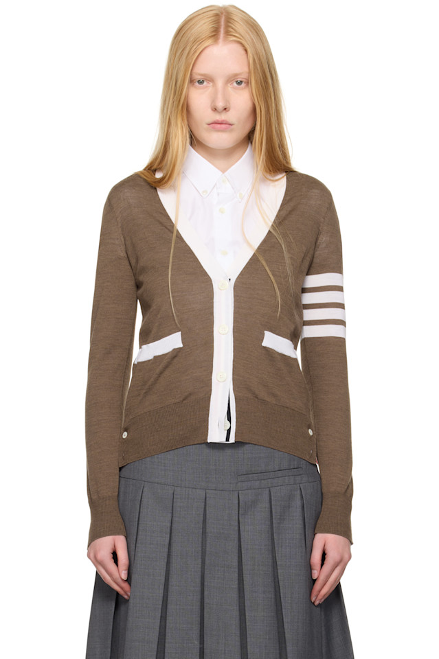 

Шерстяной кардиган расслабленного кроя с 4 планками Thom Browne, цвет walnut
