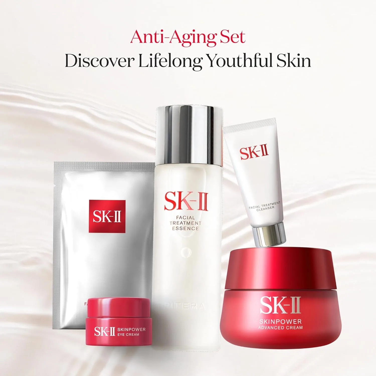 SK-II набор для ухода против старения - полный размер: очищающее средство, эссенция, крем для лица и глаз SKINPOWER и 2 маски (6 шт) — фото 2