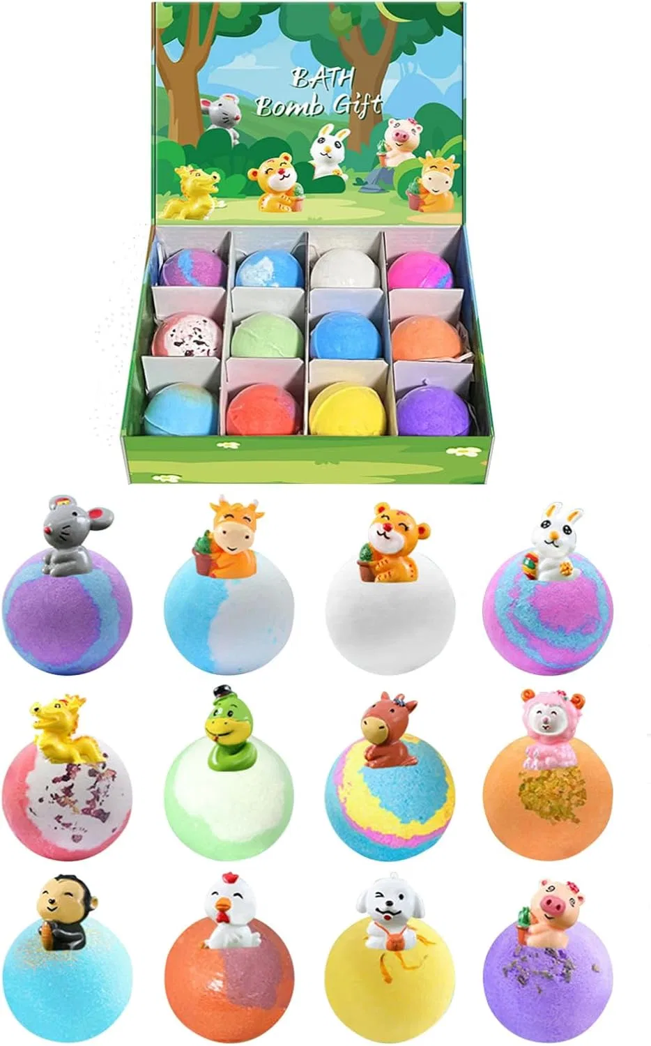 Набор из 12 детских бомбочек для ванны с игрушкой-сюрпризом Generic, Animals Bath Bombs Children
