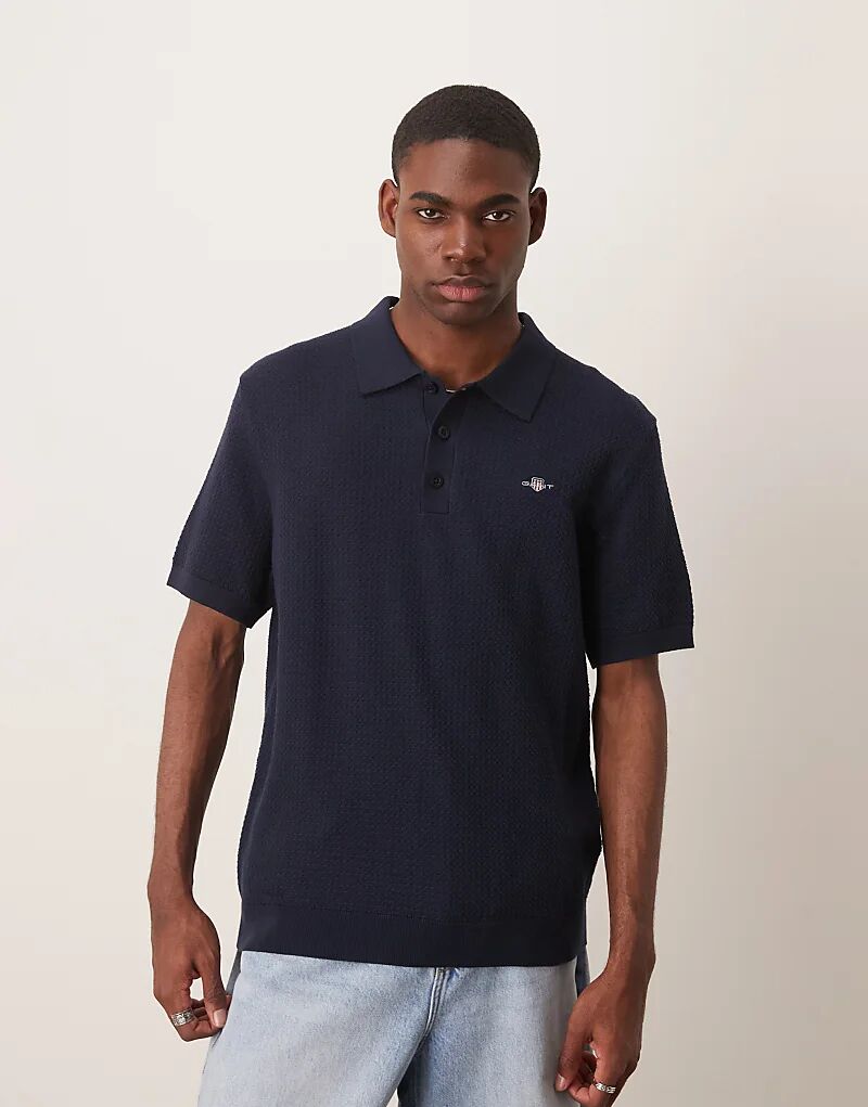 

Поло GANT из текстурированного хлопка с короткими рукавами темно-синего цвета