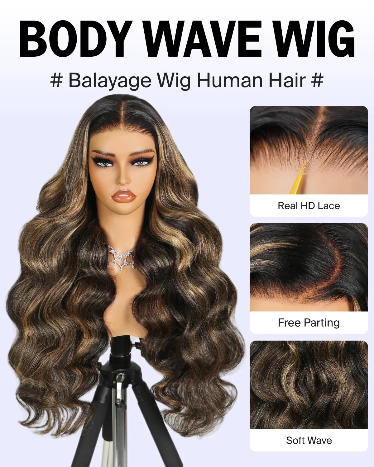 Женский парик MEGALOOK Balayage Glueless Wigs с HD-кружевом, 20 дюймов Megalook, 56 Bw Balayage Colour — фото 2