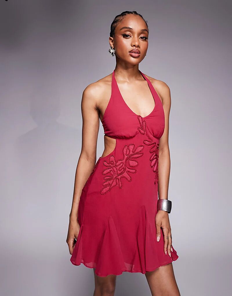 

ASOS DESIGN Tall Мини-платье с вышитой халтер-бретелькой и годе в розовом цвете Asos Tall