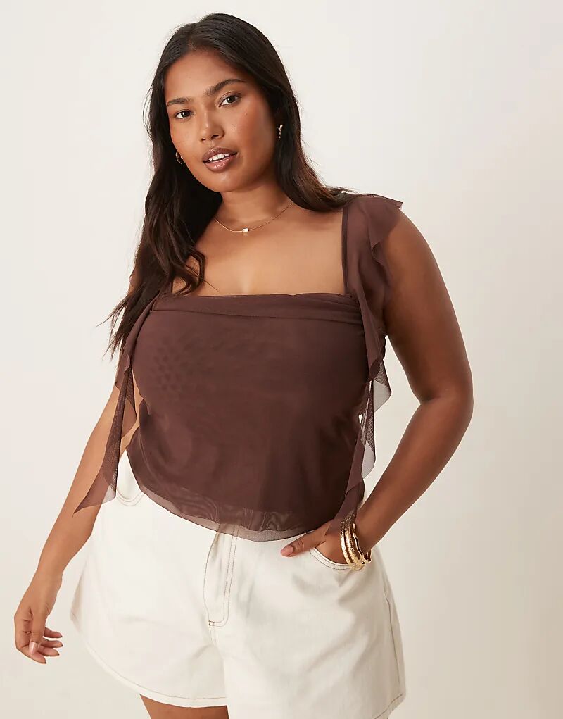 

Топ Curve из легкой сетки с рюшами шоколадного цвета от ASOS DESIGN Asos Curve