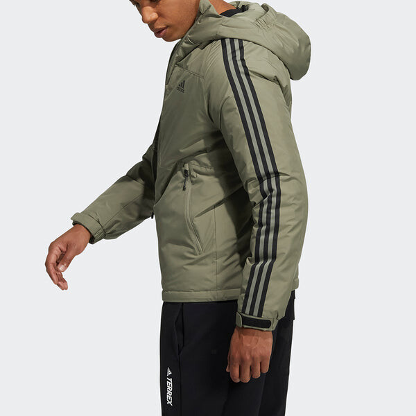 Пуховик Men's adidas 3St Down Jkt Outdoor Sports Hooded With Down Feather Military Green Jacket, зеленый — фото 3