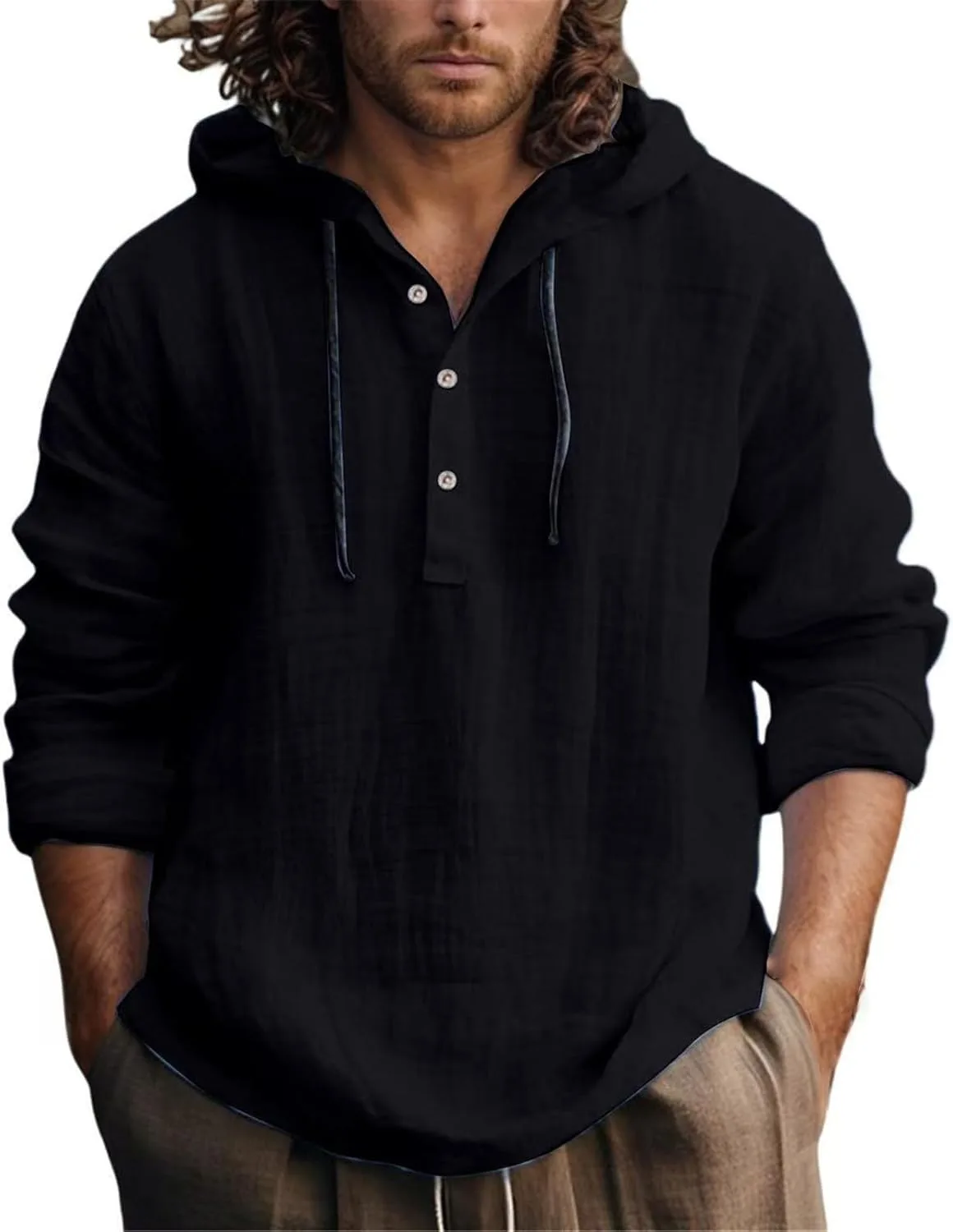 

Мужская легкая льняная толстовка с капюшоном на пуговицах