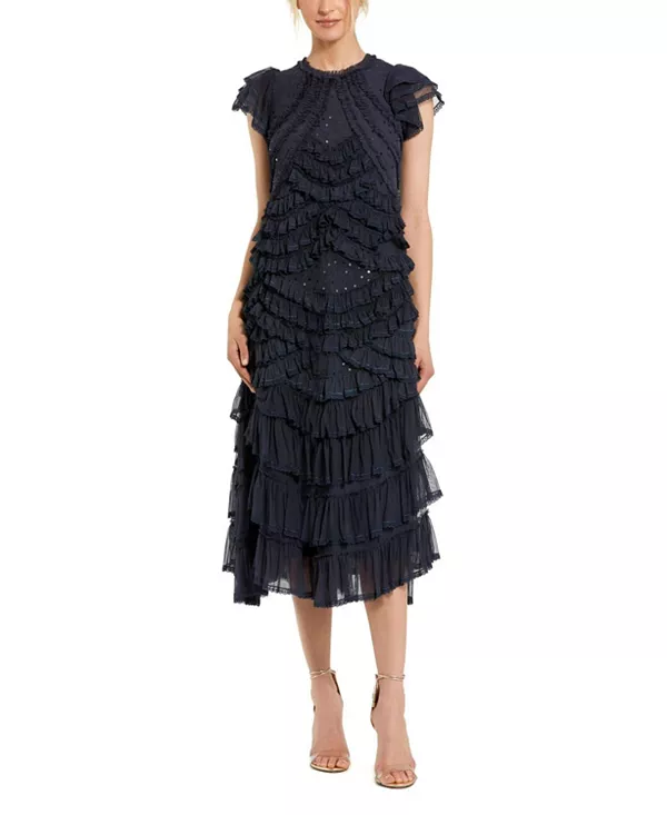 

Платье миди с высоким воротником и оборками из сетчатой ткани Mac Duggal, синий