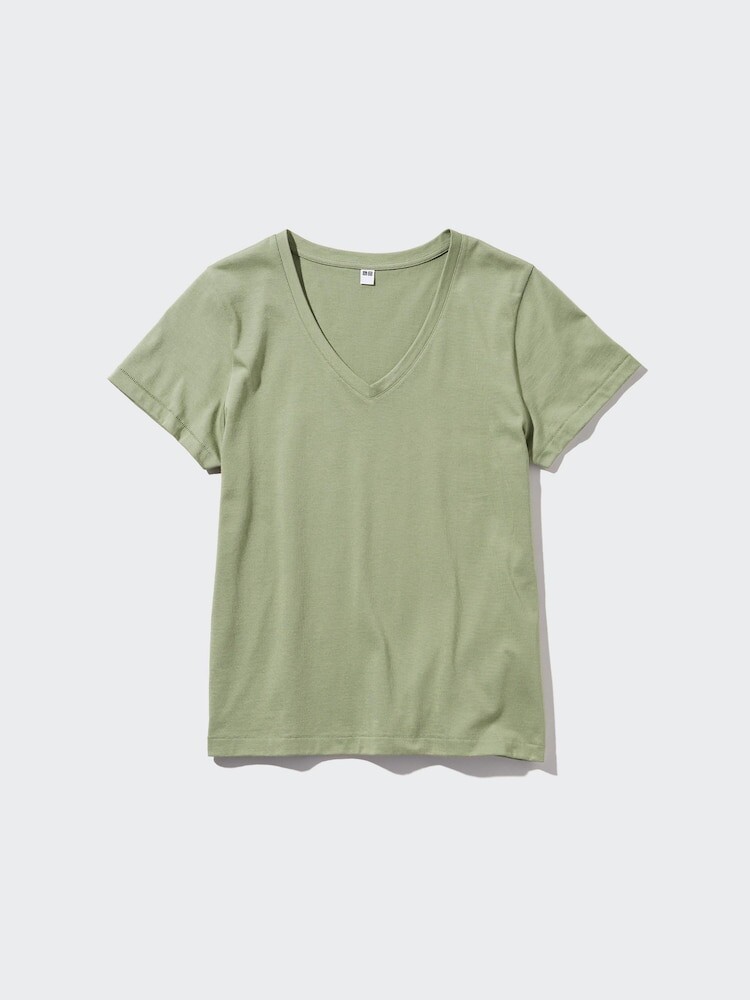 

Хлопковая футболка supima с v-образным вырезом Uniqlo, цвет 51 зеленый