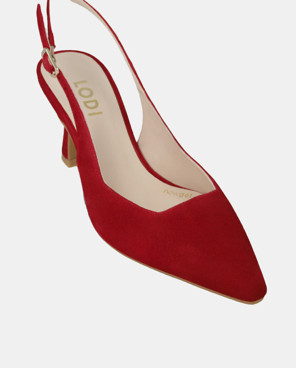 Туфли на каблуке из серебристой кожи с открытой пяткой Lodi, цвет Rojo fuego — фото 4