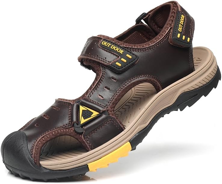 

Мужские походные сандалии кожаные с закрытым носком регулируемые для спорта на открытом воздухе и водные Mecolop, темно-коричневый