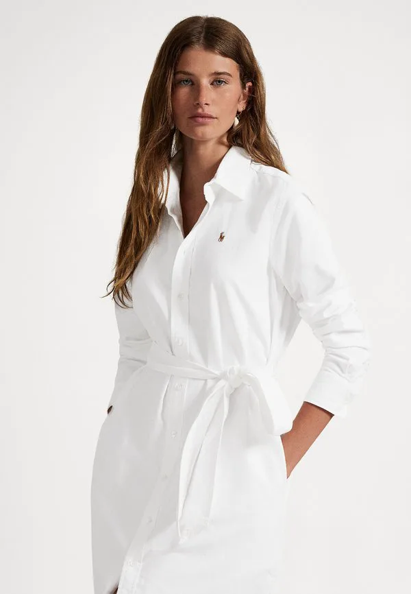 Платье-Рубашка из хлопка с поясом, оксфордская рубашка Polo Ralph Lauren, White