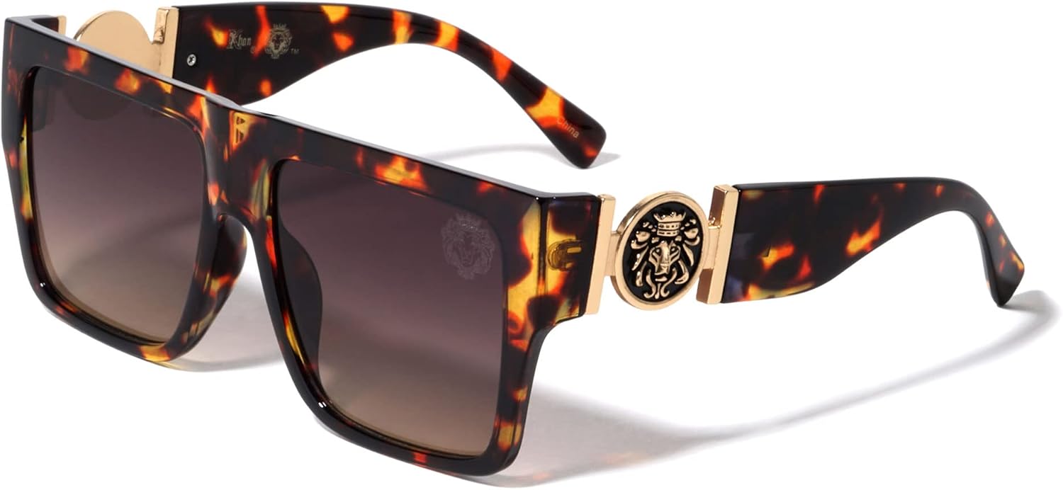 

Kleo Eminent - Классические солнцезащитные очки в стиле хип-хоп с плоской верхней частью и квадратными боковыми вставками, украшенные медальоном в виде головы льва, Brown