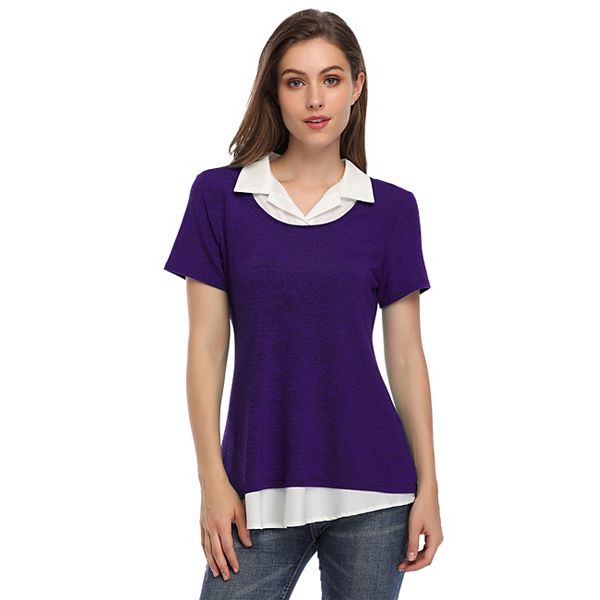 

Женская блуза с коротким рукавом и контрастным воротником в стиле пэчворк Clearflower, Purple