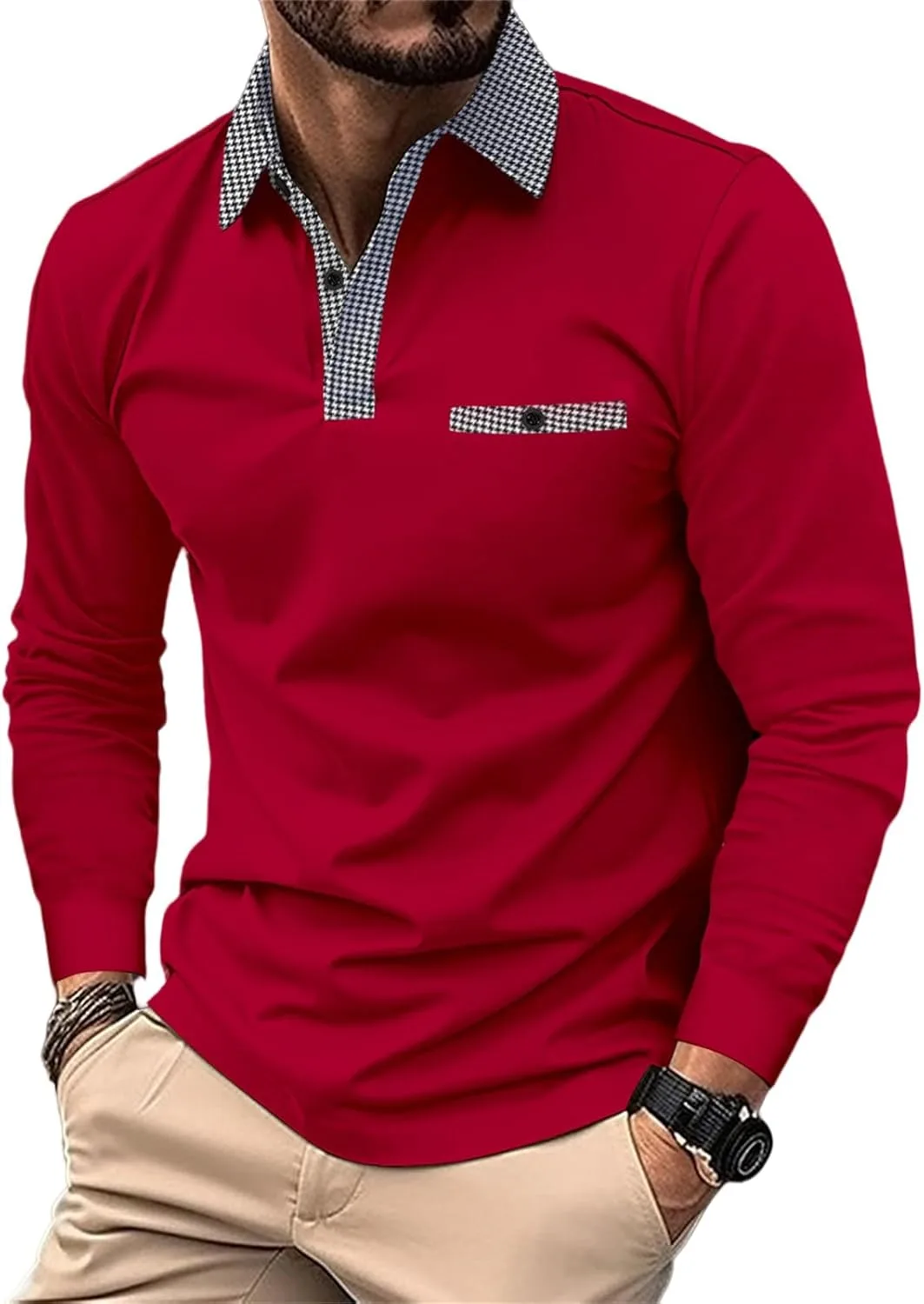 

Футболка-поло для мужчин, Long Sleeve, Plaid, Casual evzosrz