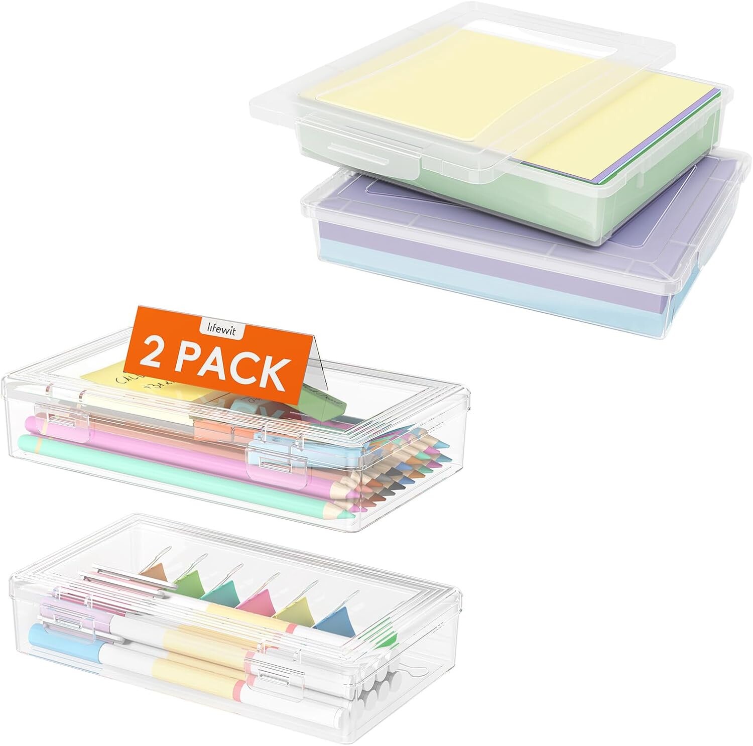 

Lifewit, 2 упаковки, пластиковая многоцелевая коробка для хранения с защелкивающимися крышками, прозрачное хранилище для бумаги формата А4, штабелируемый органайзер для художественных принадлежностей, офиса, 2 упаковки