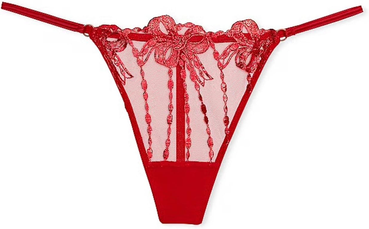 Victoria's Secret Трусики V-String с вышивкой бантиком и сеткой, цвет Red, новые, Red/Lipstick — фото 4