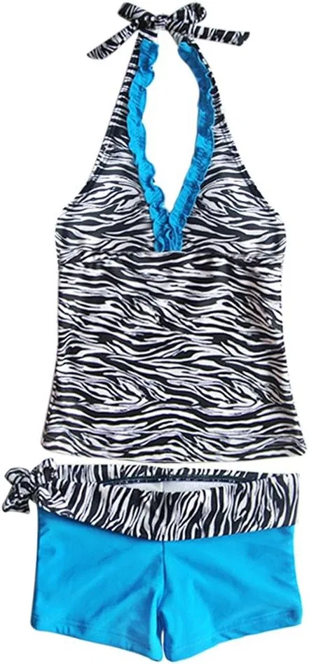 Комплект купальника Mufeng Little Big Girls Zebra Halter Deep V Tankini Set Two-Piece Swimsuits для девочек, девушек до 18 лет, с завязками на шее и глубоким V-образным вырезом, для серфинга, синий
