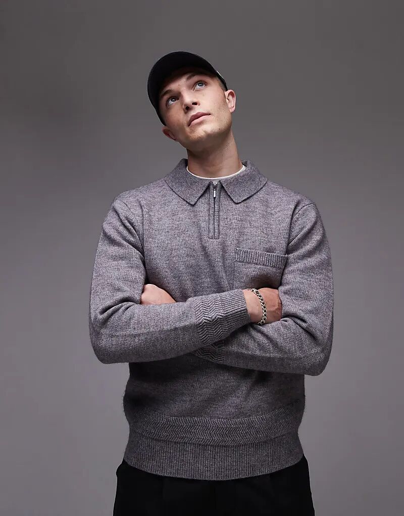 

Трикотажное поло на молнии серого цвета Topman