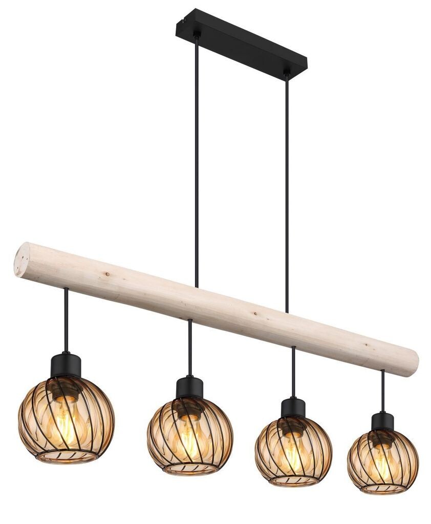 

Подвесной светильник Globo Lighting металлический черный матовый, цвет натурального дерева, стекло янтарное, металлические стержни черные матовые, кабель ПВХ черный, регулируемый по высоте, ДхШхВ: 820x130x1200 мм, без 4x E27 15Вт 230В.