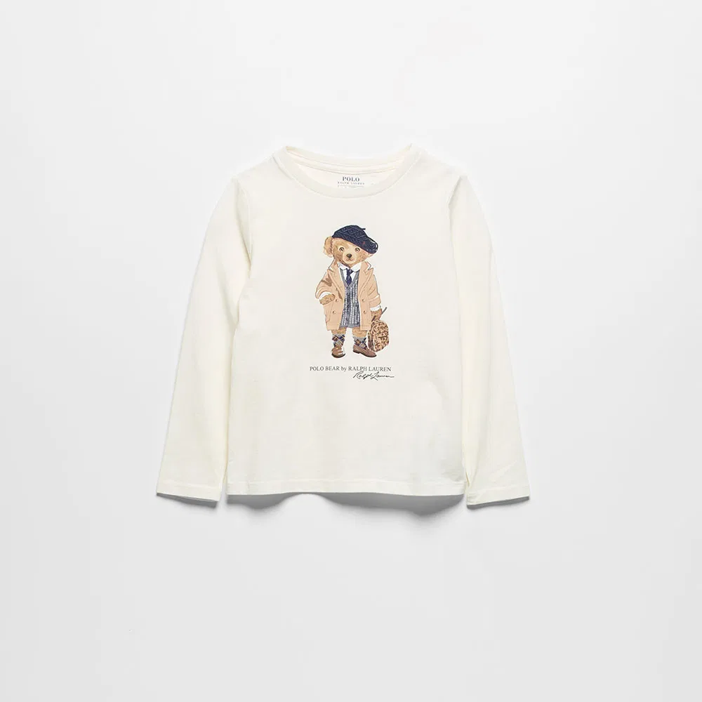 Детская хлопковая футболка с длинным рукавом и принтом Polo Bear белая от Polo Ralph Lauren Children