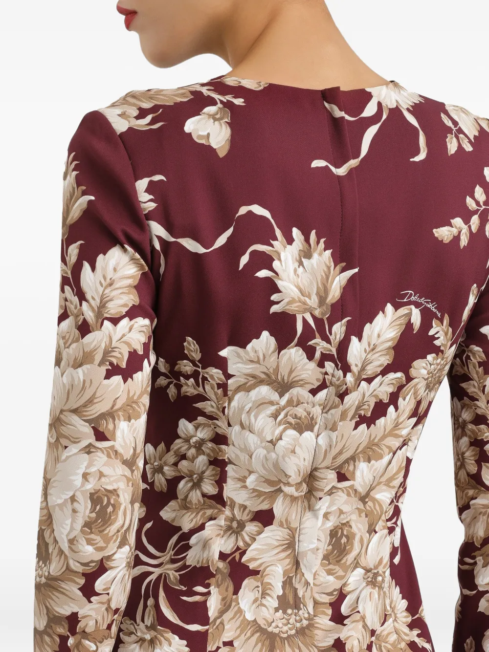 

Платье миди с цветочным принтом и длинными рукавами DOLCE & GABBANA, красный
