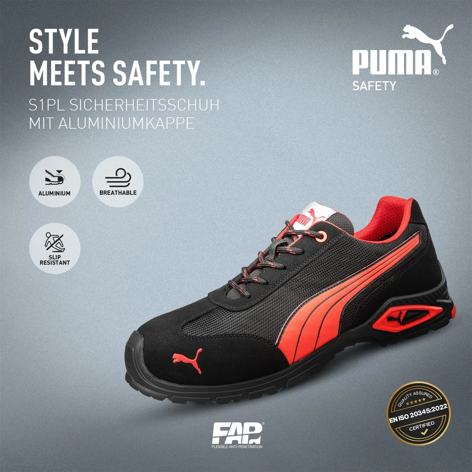 Мужские защитные ботинки PUMA Madrid Low S1PL с защитным носком и противоскользящей подошвой, черный/красный — фото 2