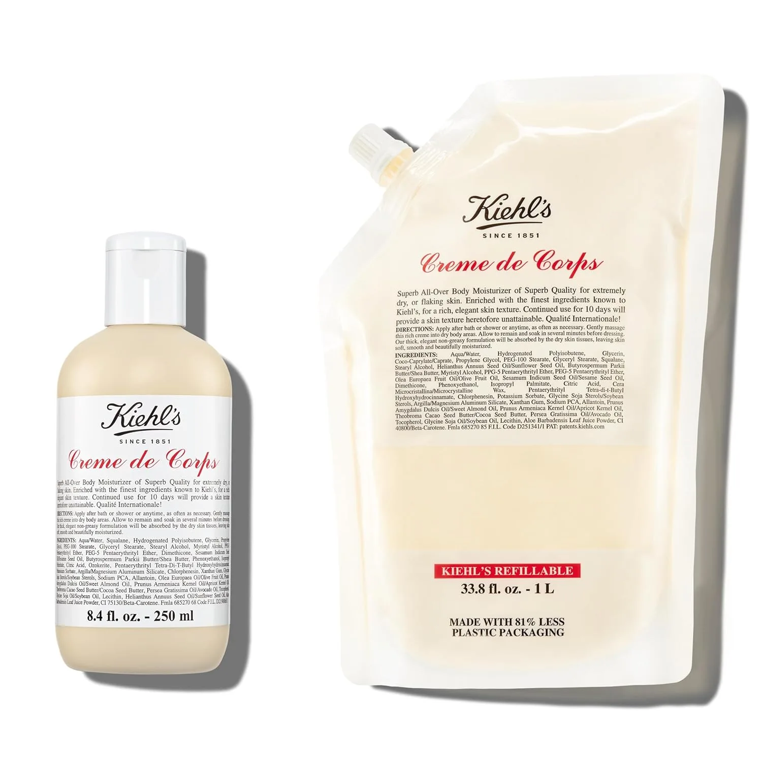 Kiehl's Creme de Corps Duo, насыщенный, увлажняющий лосьон для тела с маслом какао и маслом ши для быстрого впитывания - сменный пакет и многоразовая бутылка.