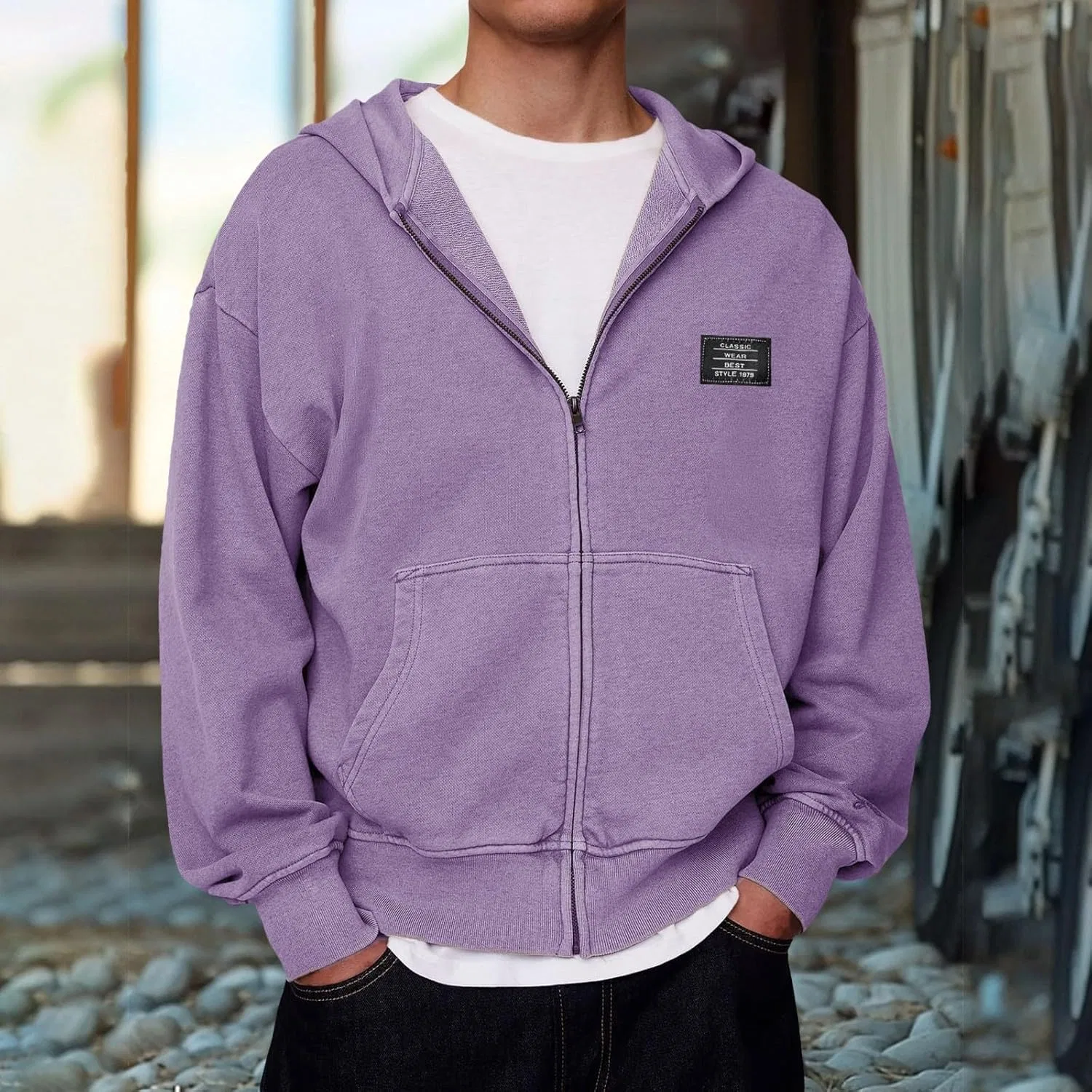 Худи мужское на молнии, винтажное, бренд Generic, цвет Light Violet — фото 2
