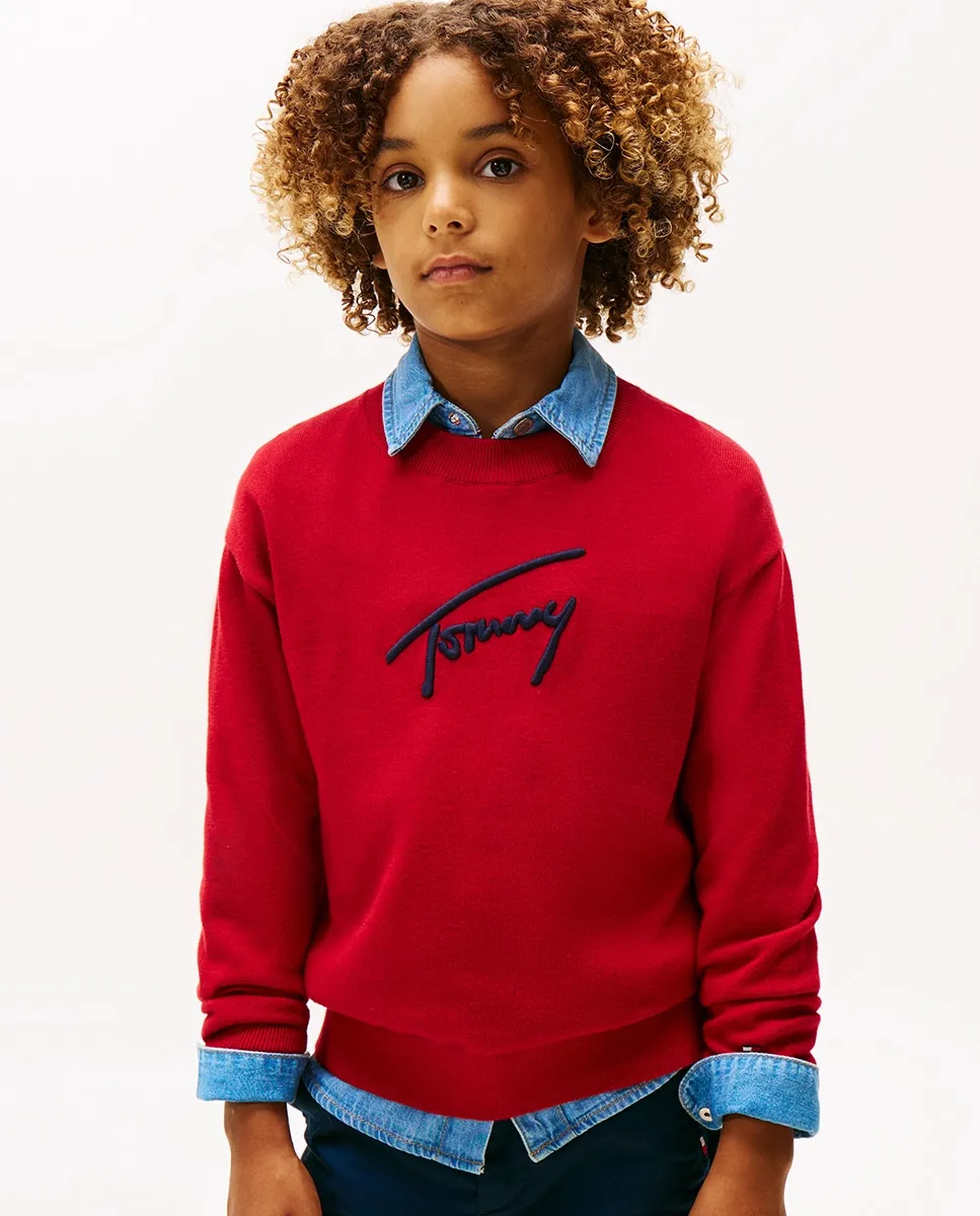 

Детский джемпер с вышитым логотипом на груди и круглым вырезом Tommy Hilfiger, красный