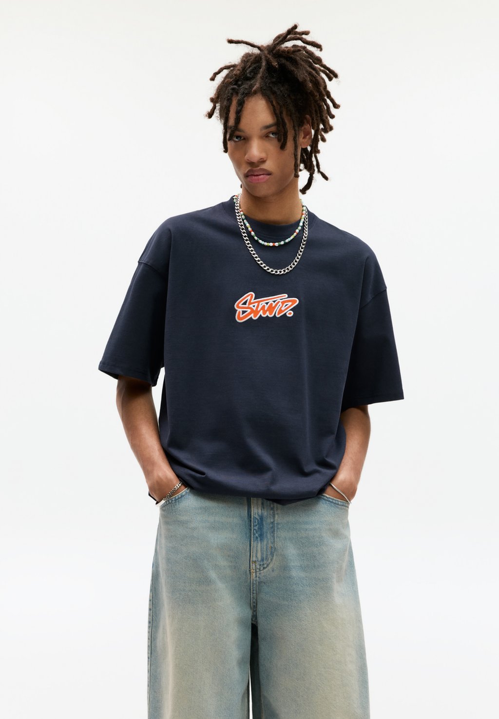 

Футболка с принтом SHORT SLEEVE STWD PULL&BEAR, темно-синий