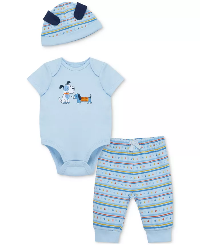 

Комплект для мальчиков Baby Boys Puppies из 3 предметов: боди, шапочка и штанишки из хлопка Little Me, синий