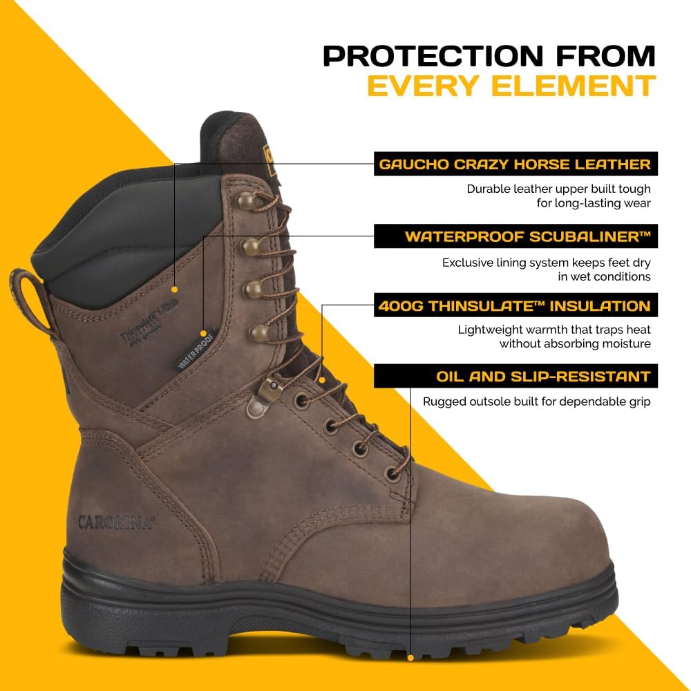 Мужские рабочие ботинки Carolina Boots Surveyor 8" с мягким носком, утепленные, водонепроницаемые, из прочной кожи с противоскользящей подошвой, коричневый — фото 3