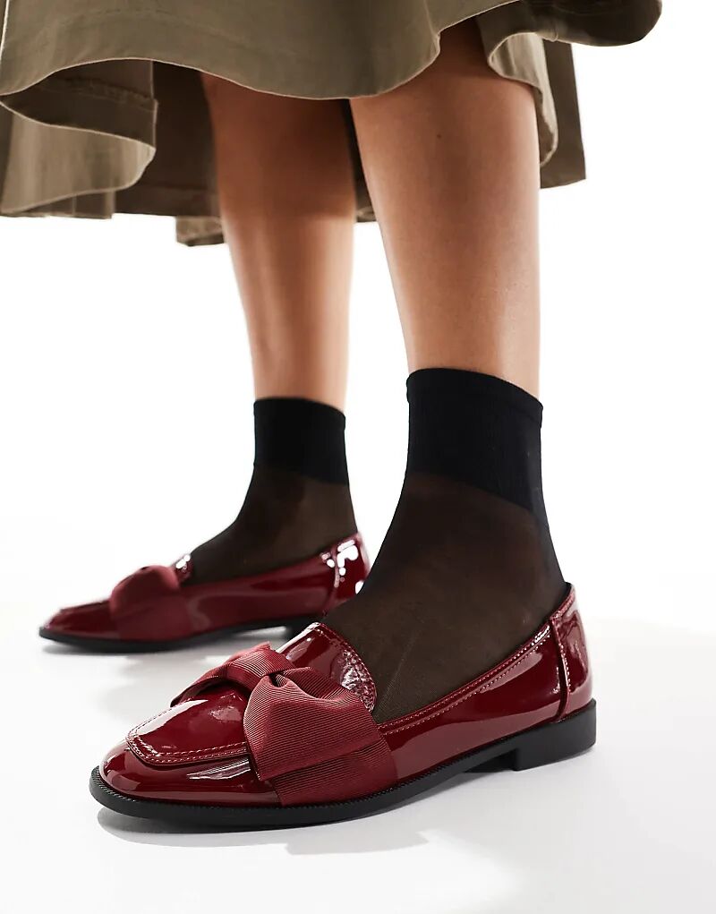 Туфли-лоферы Mentor Bow Loafer на плоской подошве Wide Fit в бордовом лаке ASOS DESIGN