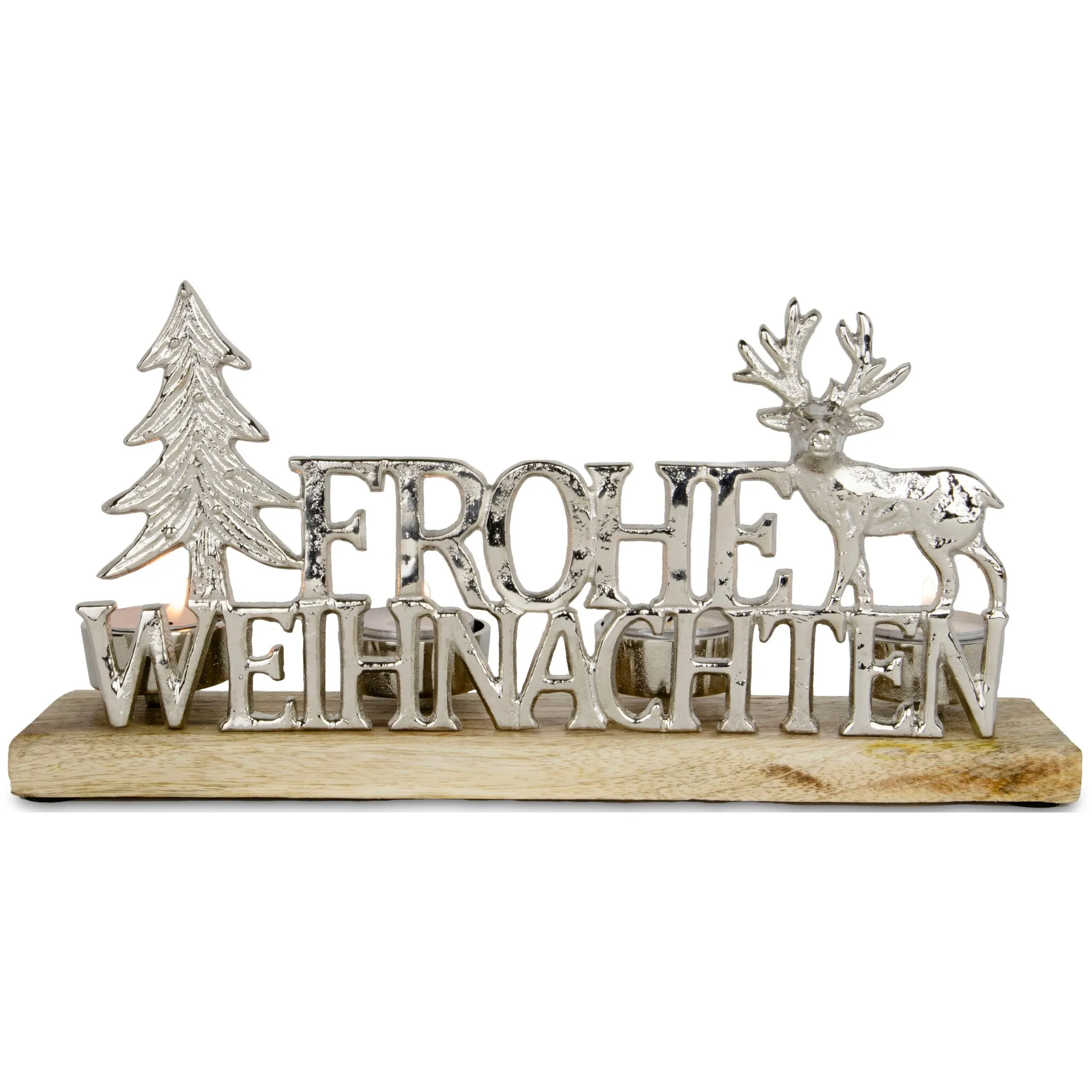 

Подсвечник andas «Адвентский подсвечник Eivor, с надписью «Merry Christmas»», (1 шт.), подсвечник для чая, рождественское украшение из дерева и алюминия, длина около 30 см, цвет silberfarben, natur