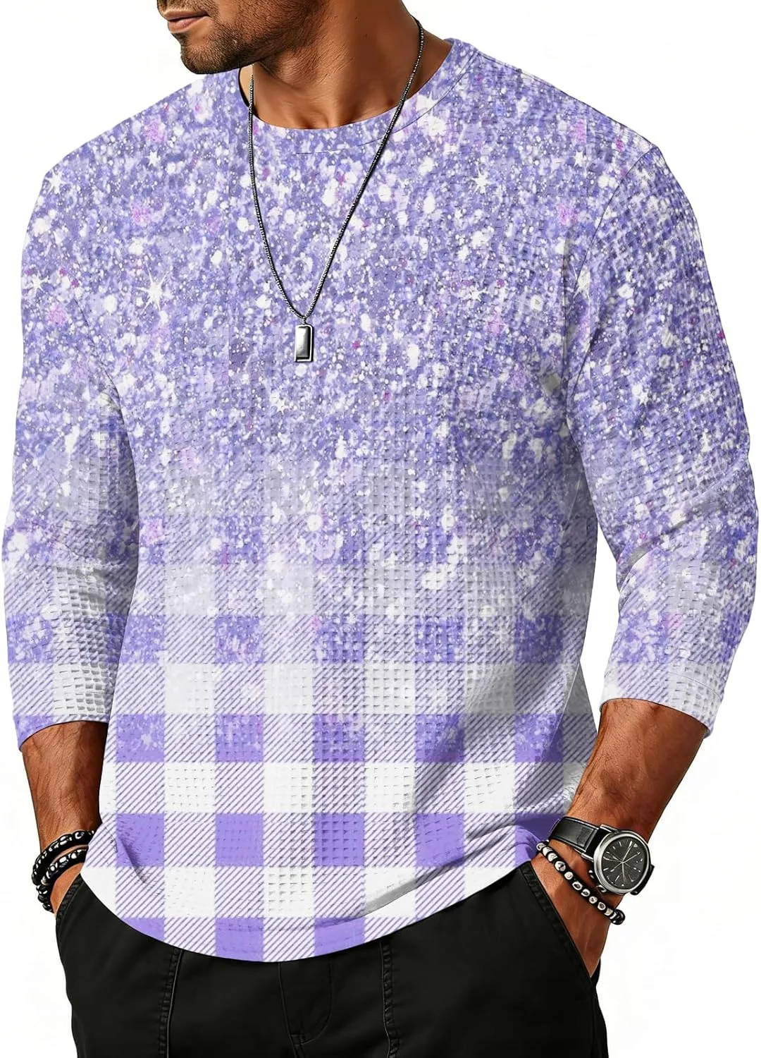 

Свитшот мужской 3/4 рукав Waffle Casual Plaid, Crew Neck, свободный lopmou