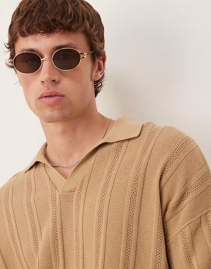 

ASOS DESIGN свободный трикотажный поло с вырезом в рубчик бежевого цвета