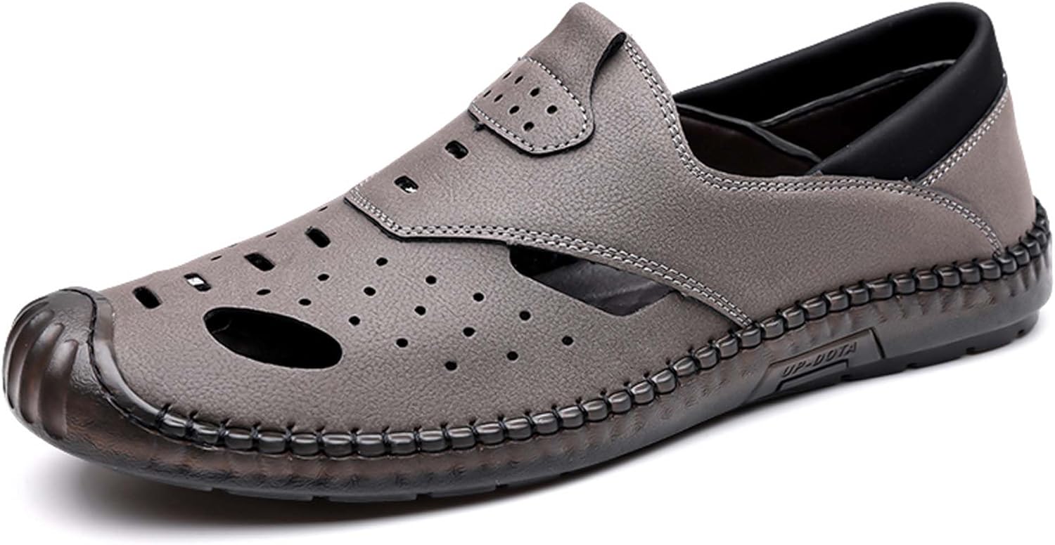 

Мужские кожаные летние босоножки с вырезами для бизнеса, походов, спорта, пляжа, рыбалки, на открытом воздухе, дышащие, с противоскользящей подошвой, повседневные и формальные сандалии Generic, серый